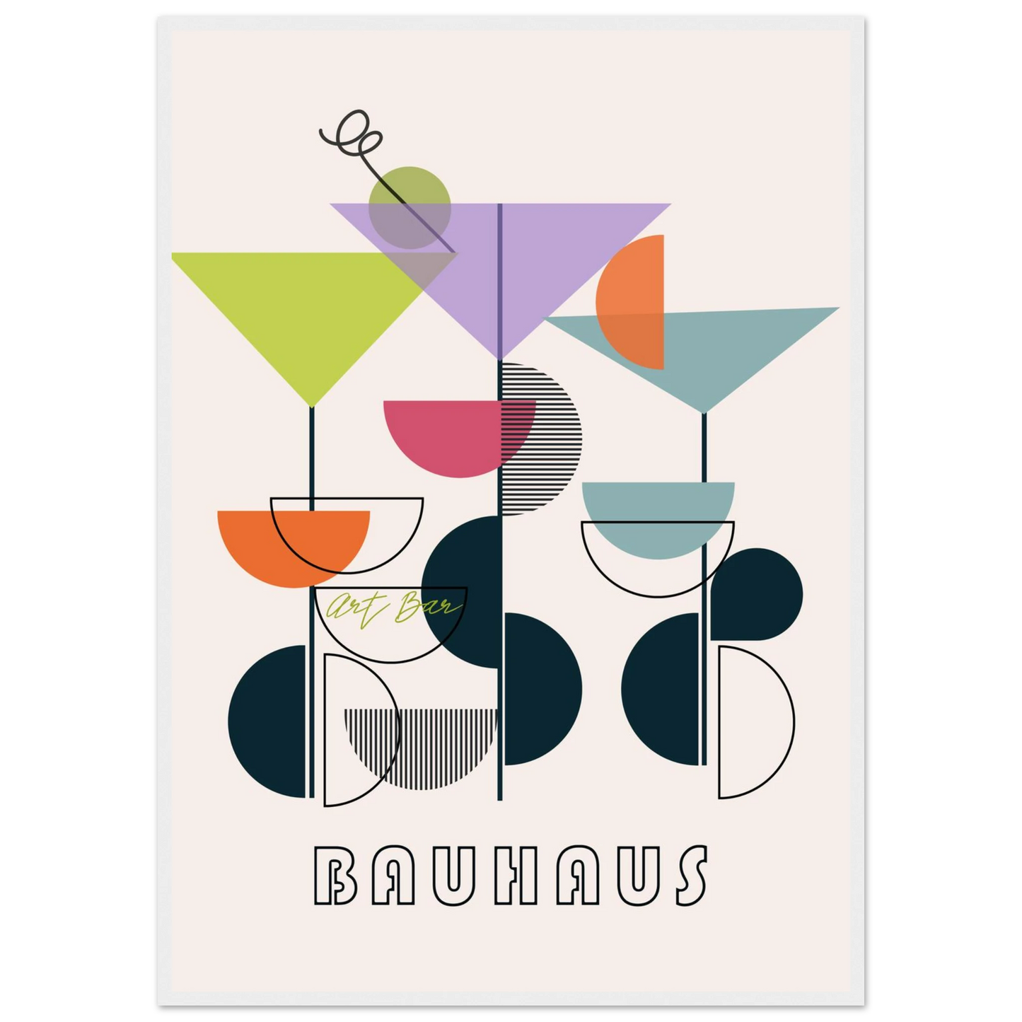 Bauhaus art bar cocktail abstract wall art print a modern geometric statement piece in your choice of frame and size art print in a White frame size 21x29.7 cm / 8x12" affordable wall art by Art Aunty NZ