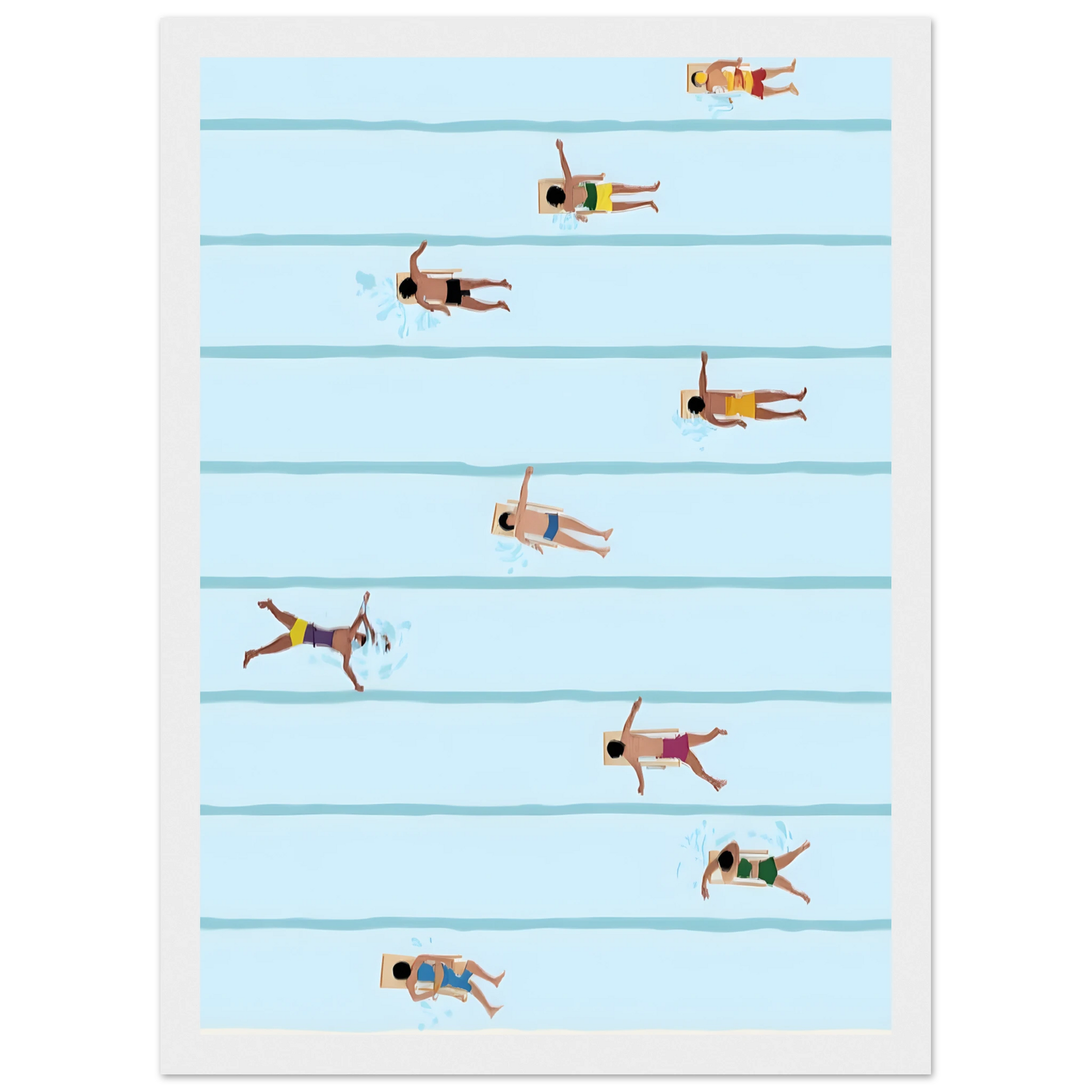 Lane swimmers summer blues art print refreshing poolside serenity by anya trut in your choice of frame art print in a Wood frame size A1 (59.4 x 84.1  cm) affordable wall art by Art Aunty NZ