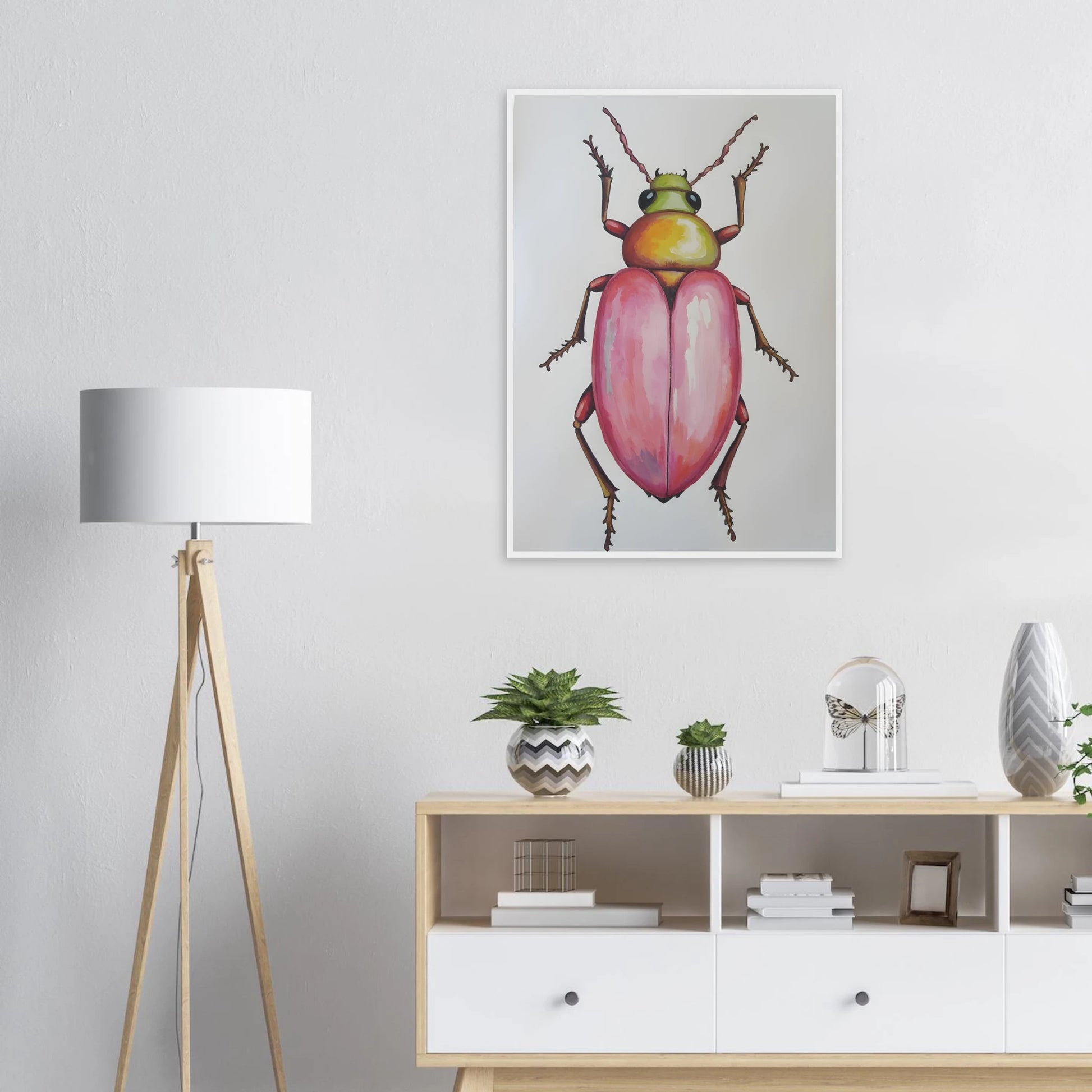 4pm whimsical pink green beetle art print for modern spaces available in three sizes and frame finishes art print in a  size  affordable wall art by Art Aunty NZ