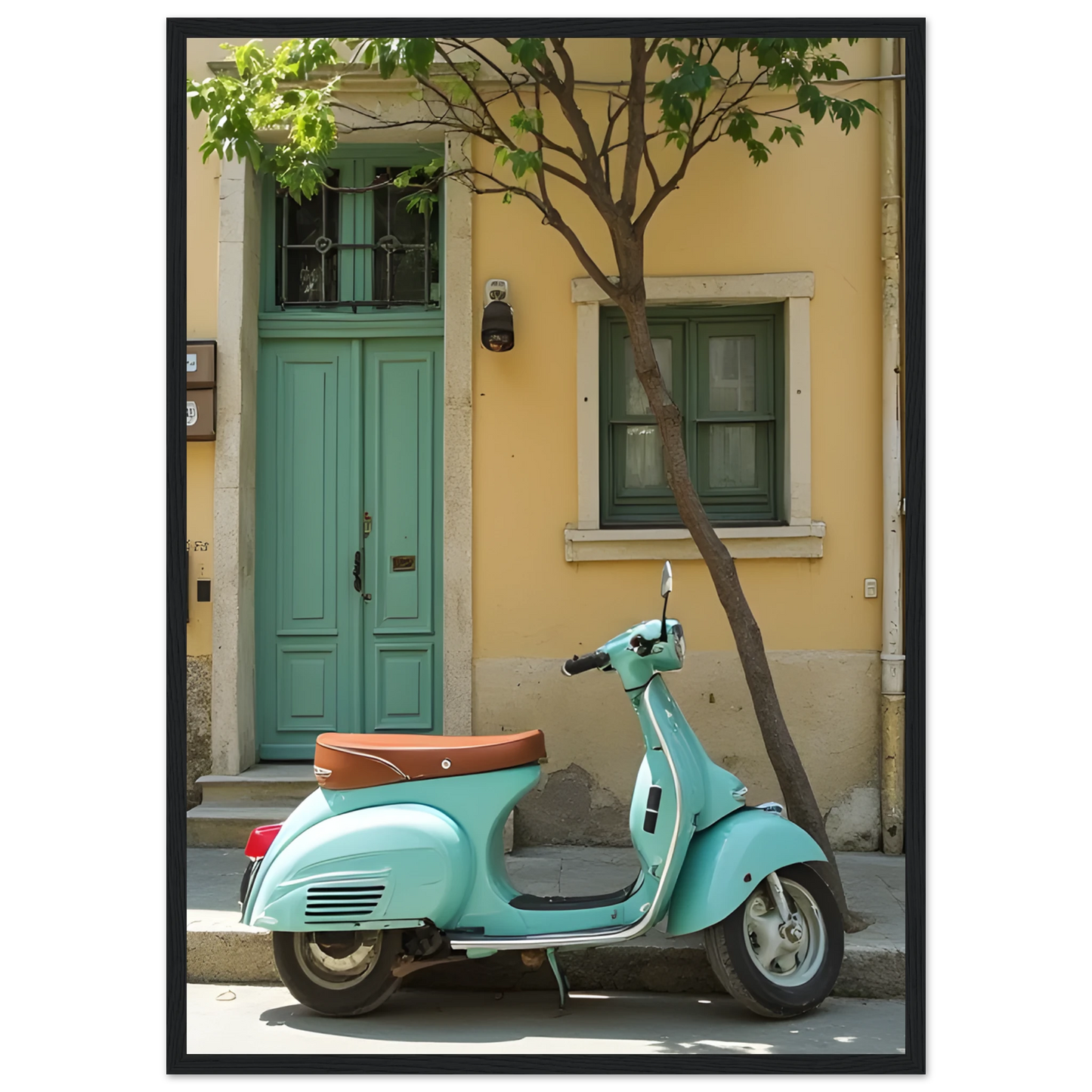 Retro teal vespa street scene art print by anya trut choose your size frame art print in a Wood frame size 21x29.7 cm / 8x12" affordable wall art by Art Aunty NZ