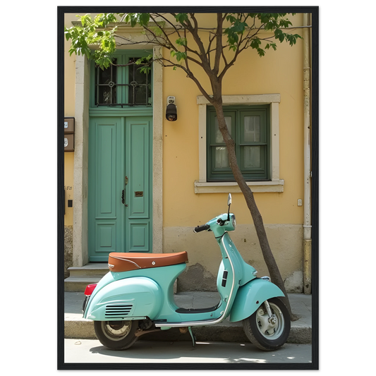 Retro teal vespa street scene art print by anya trut choose your size frame art print in a Wood frame size 21x29.7 cm / 8x12" affordable wall art by Art Aunty NZ