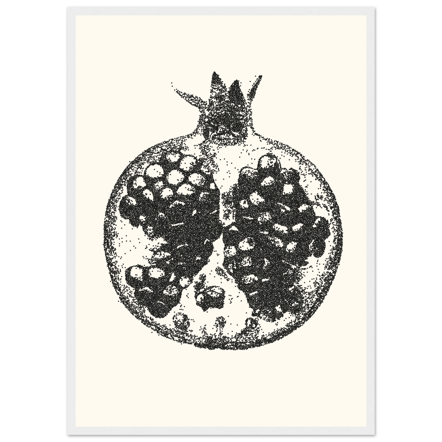 Pomegranate stipple art print by anya trut abstract dotwork fruit wall decor in your choice of frame art print in a Wood frame size A2 (42 x 59.4  cm) affordable wall art by Art Aunty NZ