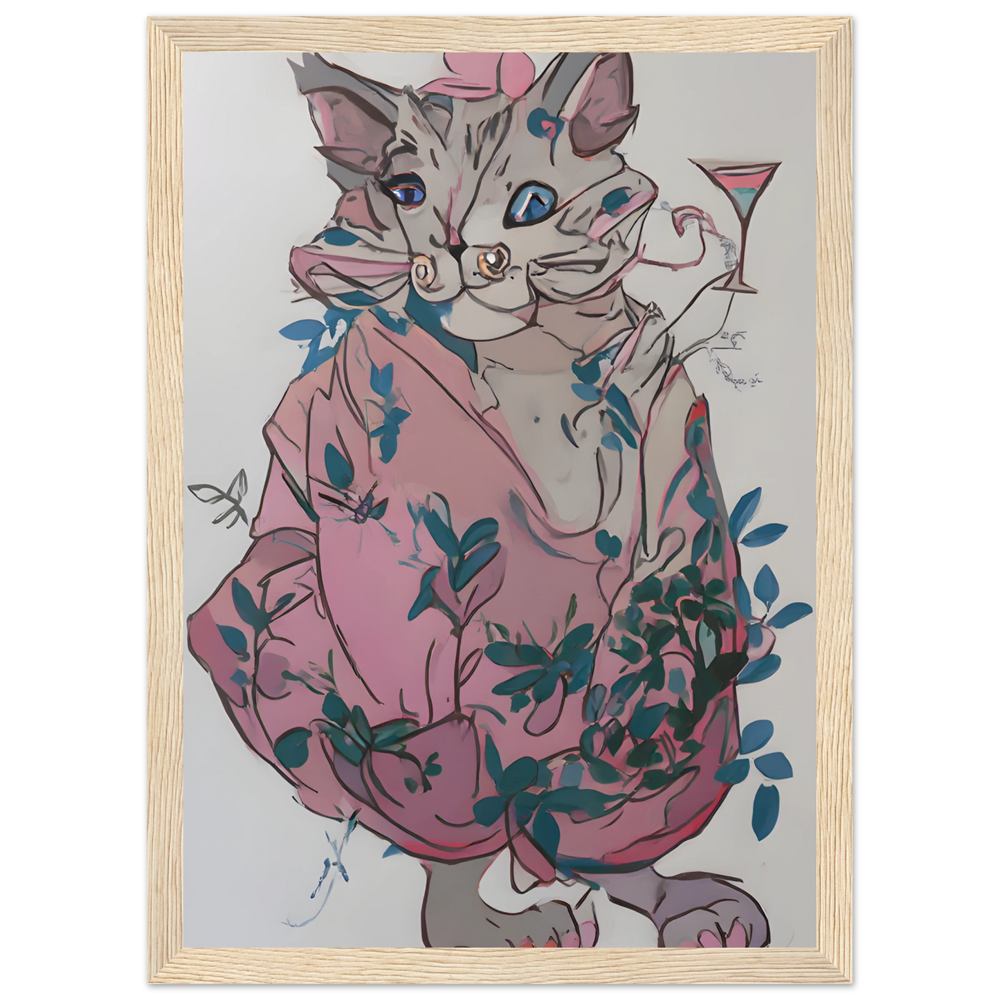 Chic cat with cocktail whimsical pink blue floral art print by anya trut choose your size frame art print in a Black frame size 21x29.7 cm / 8x12" affordable wall art by Art Aunty NZ