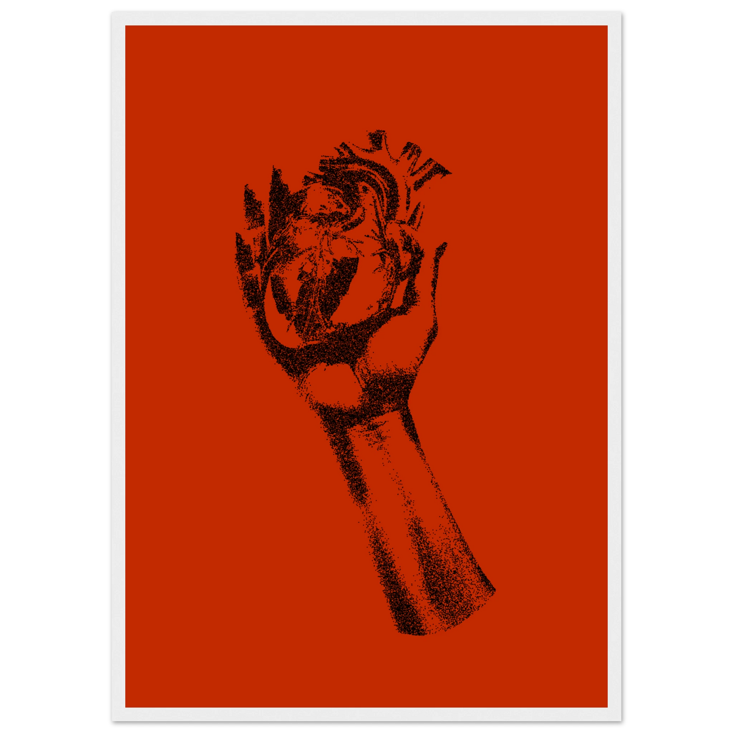 Fiery heart in hand stipple art print by anya trut choose your size frame art print in a Wood frame size A2 (42 x 59.4  cm) affordable wall art by Art Aunty NZ