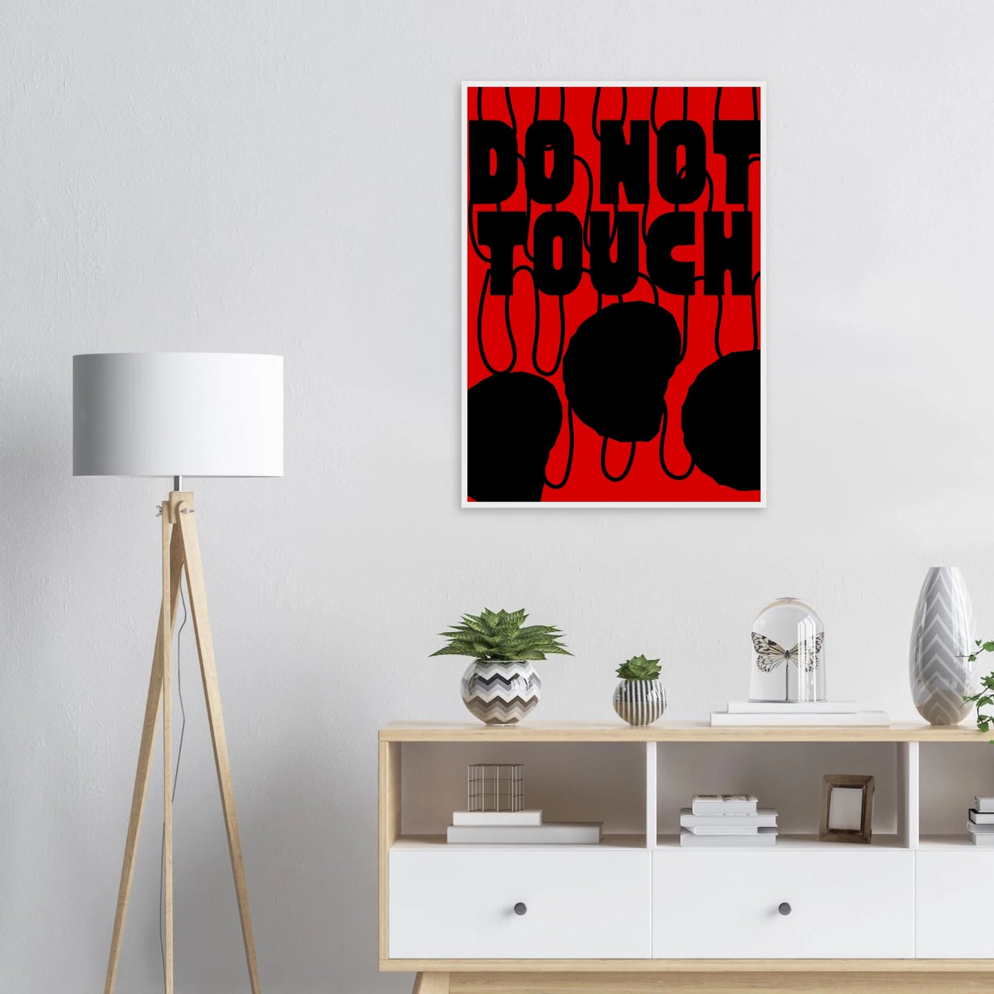 Bold do not touch statement art print contemporary red black design by anya trut in your choice of size frame art print in a  size  affordable wall art by Art Aunty NZ