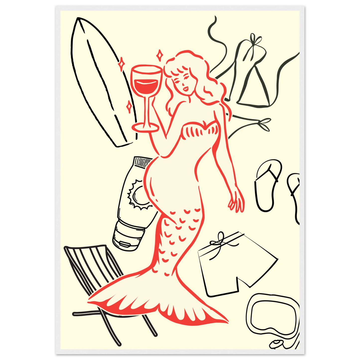 Summer mermaid wall art print beach vibes relaxation in your choice of size frame art print in a White frame size 21x29.7 cm / 8x12" affordable wall art by Art Aunty NZ