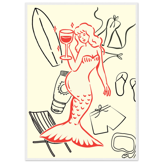 Summer mermaid wall art print beach vibes relaxation in your choice of size frame art print in a White frame size 21x29.7 cm / 8x12" affordable wall art by Art Aunty NZ