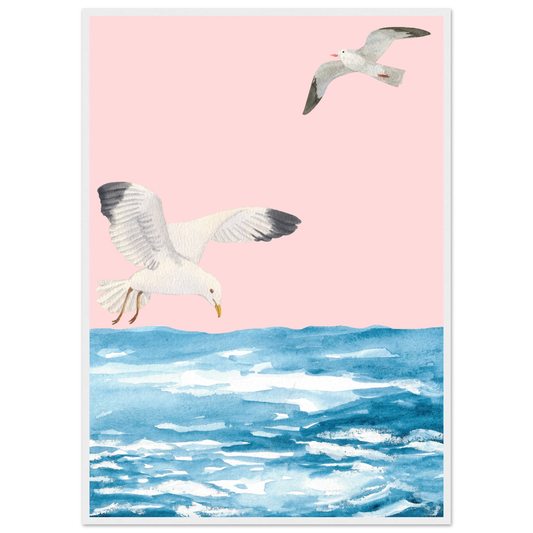 Coastal flight serene seagull watercolour art print by anya trut choose your size frame art print in a White frame size 21x29.7 cm / 8x12" affordable wall art by Art Aunty NZ
