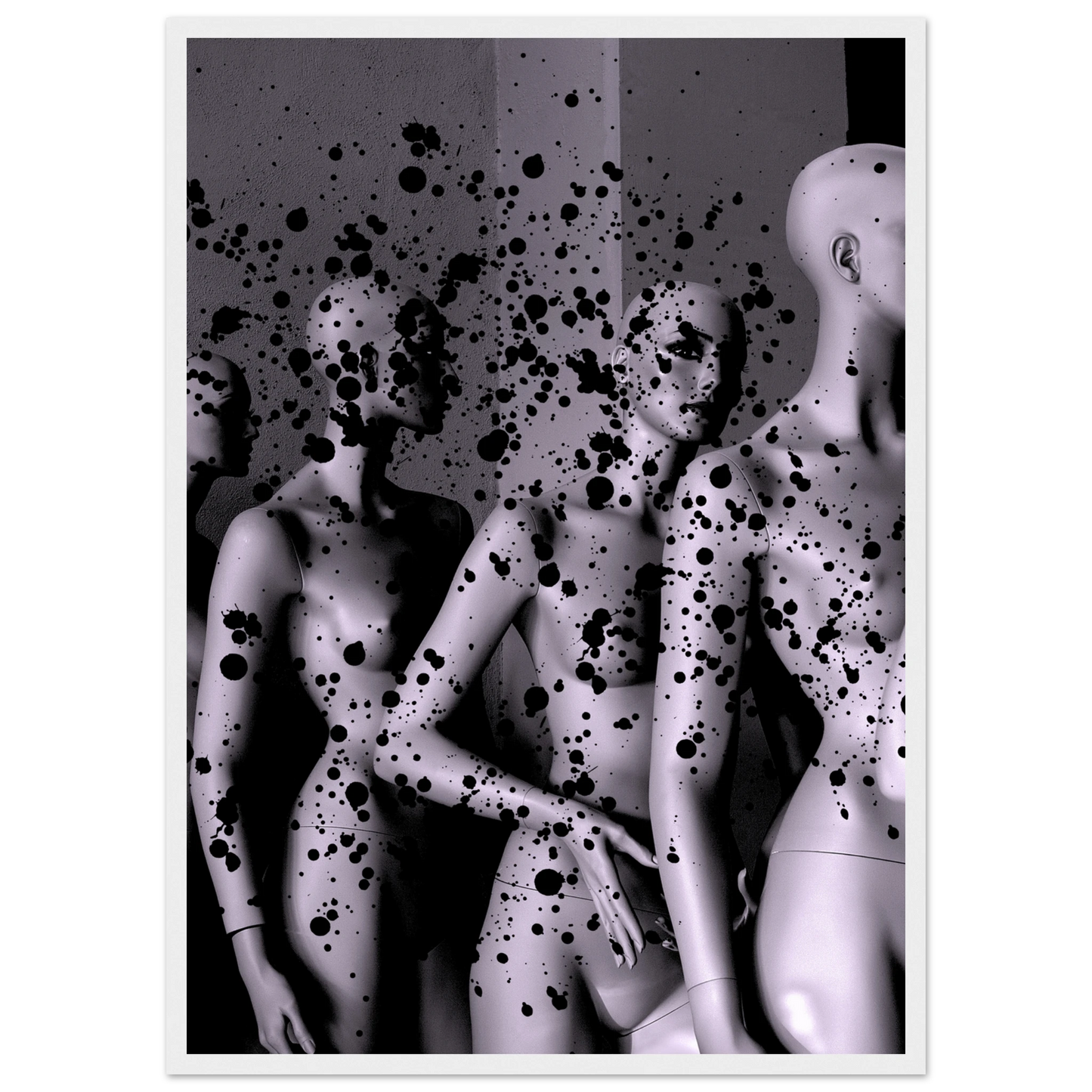 Abstract mannequin splatter art print by anya trut expressive wall decor in your choice of size and frame art print in a Wood frame size A2 (42 x 59.4  cm) affordable wall art by Art Aunty NZ