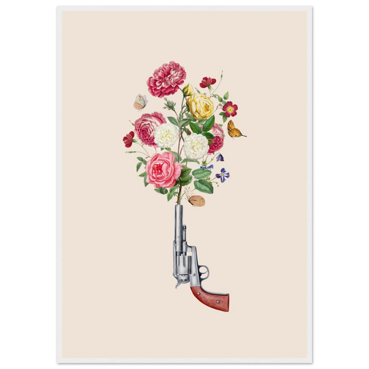 Love and peace revolver wall art transform your space with a statement piece art print in a White frame size 21x29.7 cm / 8x12" affordable wall art by Art Aunty NZ