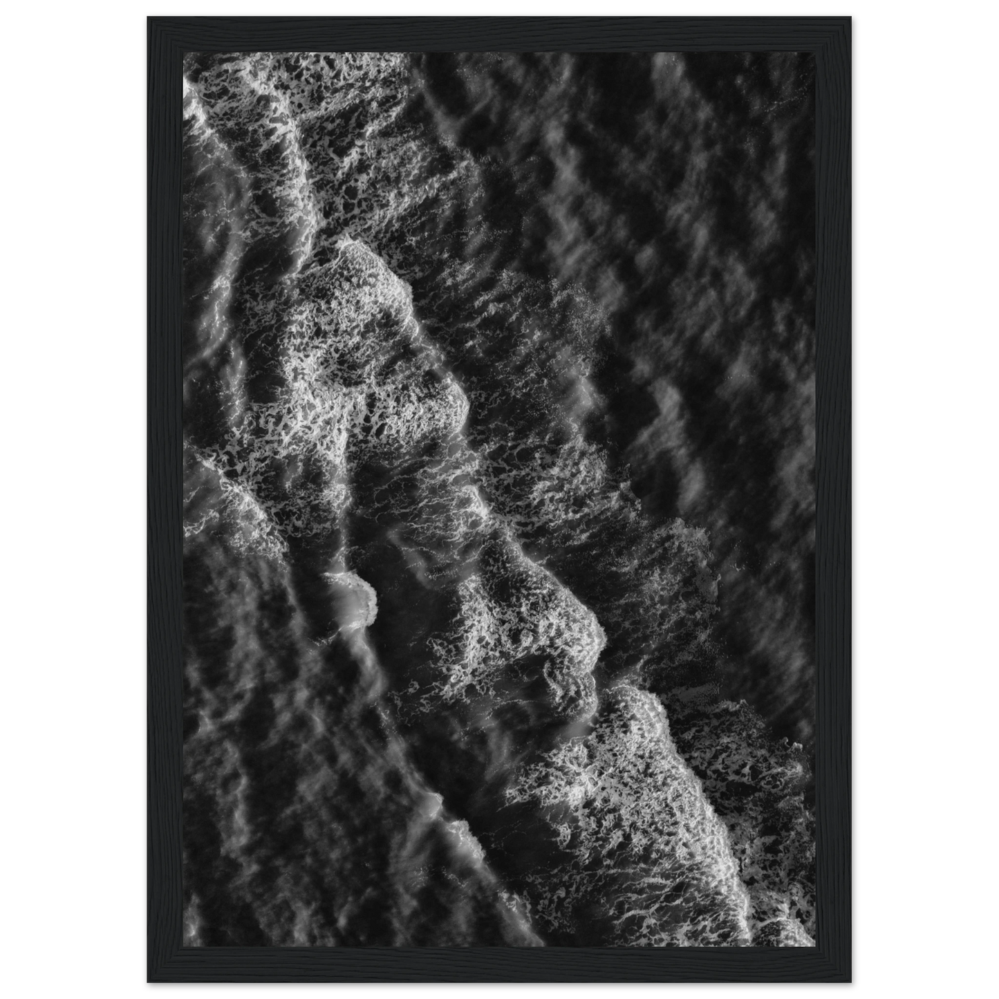 Oceanic echoes black white wave art print by anya trut choose your size frame art print in a White frame size A2 (42 x 59.4  cm) affordable wall art by Art Aunty NZ