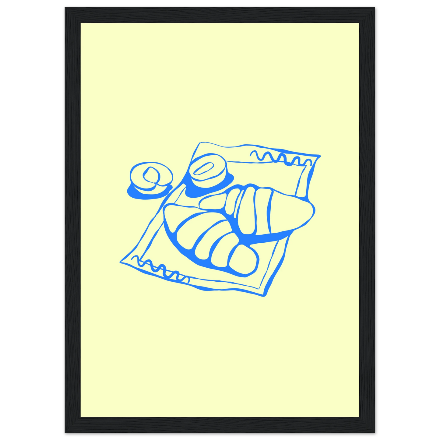 Minimalist blue croissant art print charming breakfast illustration in your choice of frame size art print in a White frame size A2 (42 x 59.4  cm) affordable wall art by Art Aunty NZ