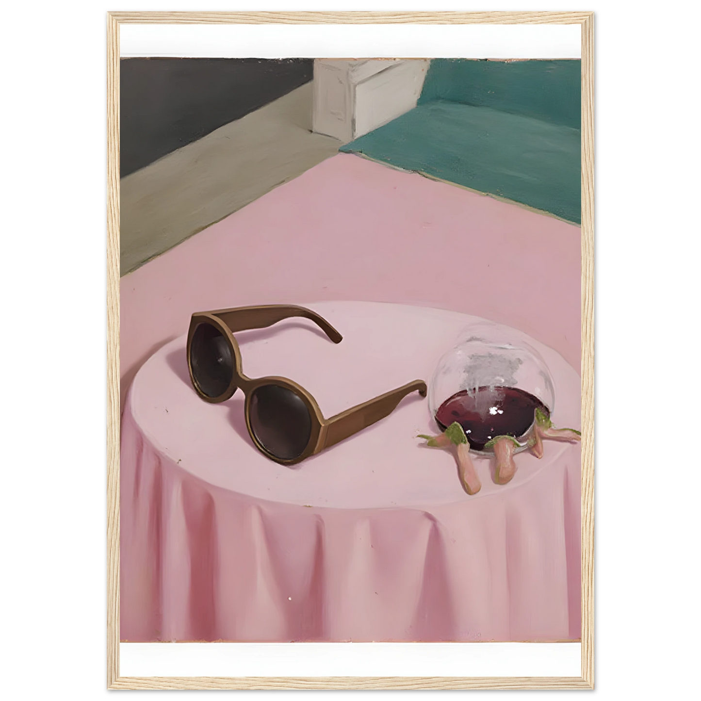 Chic curious nightcap by anya trut modern art print with sunglasses and spilled drink in your choice of frame art print in a White frame size A1 (59.4 x 84.1  cm) affordable wall art by Art Aunty NZ