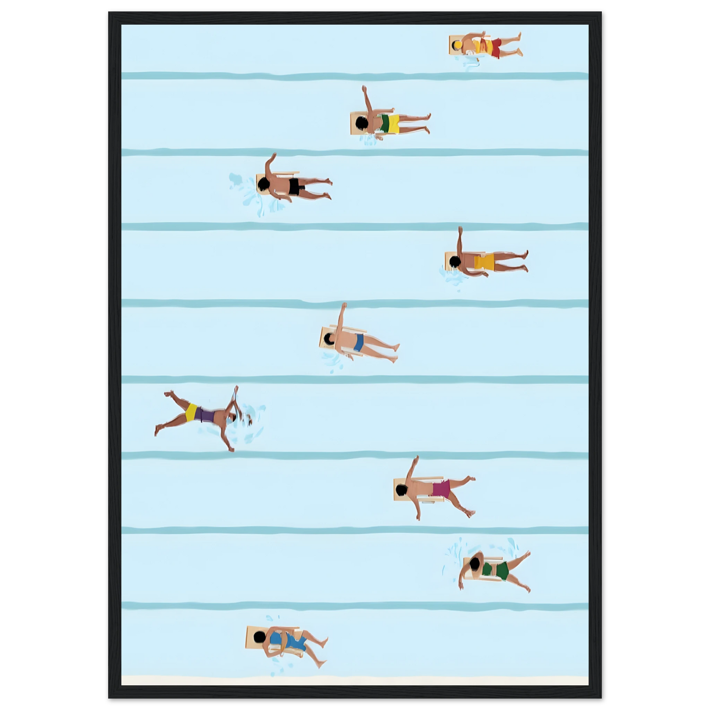 Lane swimmers summer blues art print refreshing poolside serenity by anya trut in your choice of frame art print in a Wood frame size 21x29.7 cm / 8x12" affordable wall art by Art Aunty NZ