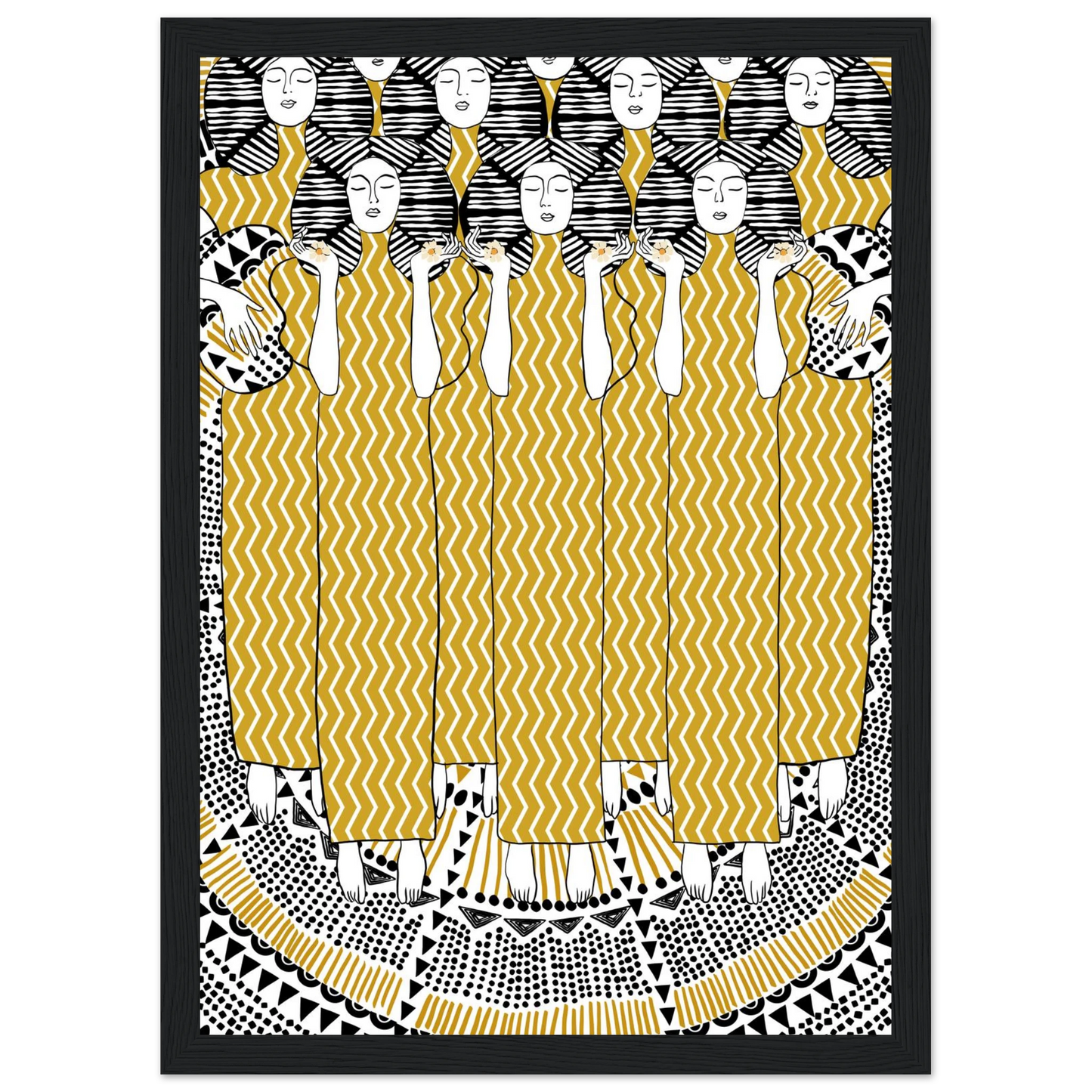 Golden women art print bohemian serenity with geometric patterns your choice of size frame art print in a Wood frame size 21x29.7 cm / 8x12" affordable wall art by Art Aunty NZ