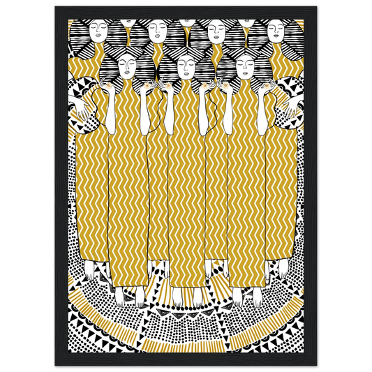 Golden women art print bohemian serenity with geometric patterns your choice of size frame art print in a Wood frame size 21x29.7 cm / 8x12" affordable wall art by Art Aunty NZ