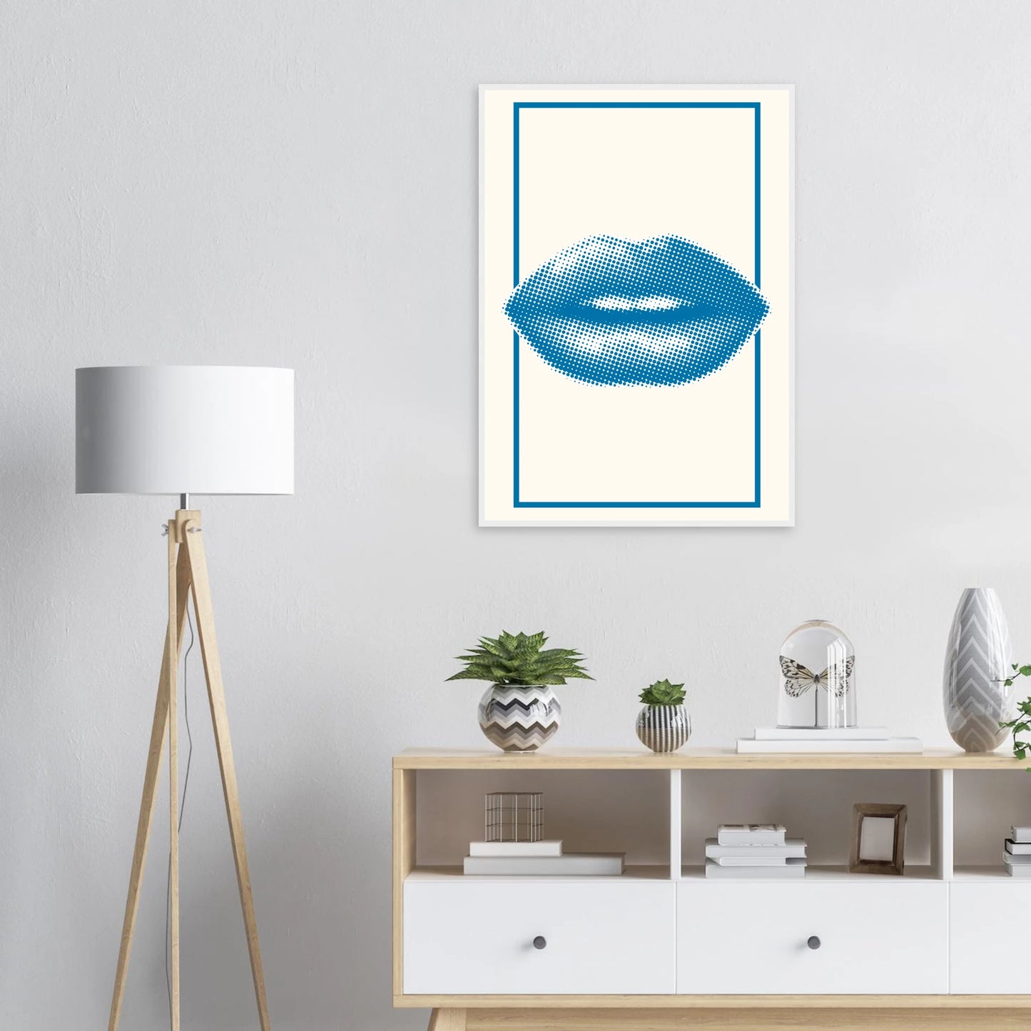 Blue kiss pop art lips print halftone digital art by anya trut in your choice of frame size art print in a  size  affordable wall art by Art Aunty NZ