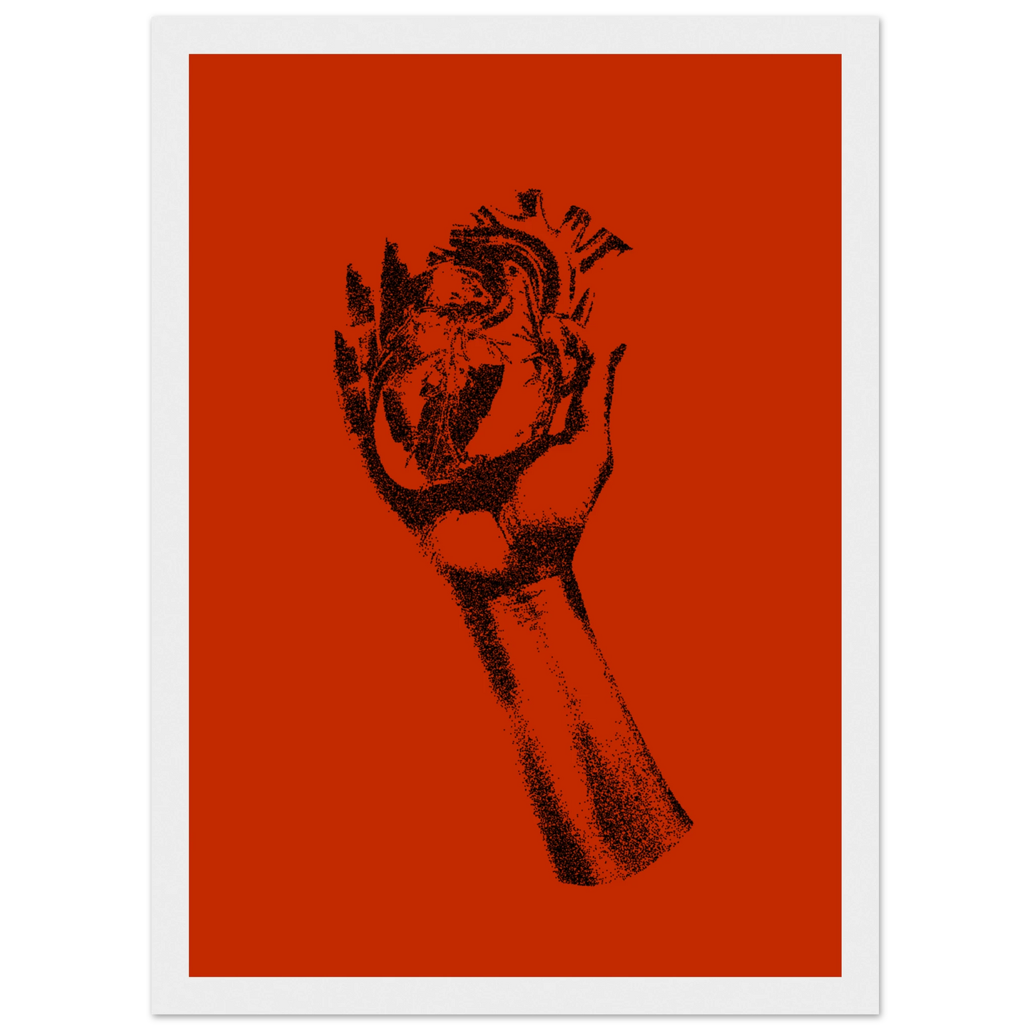 Fiery heart in hand stipple art print by anya trut choose your size frame art print in a Wood frame size A1 (59.4 x 84.1  cm) affordable wall art by Art Aunty NZ