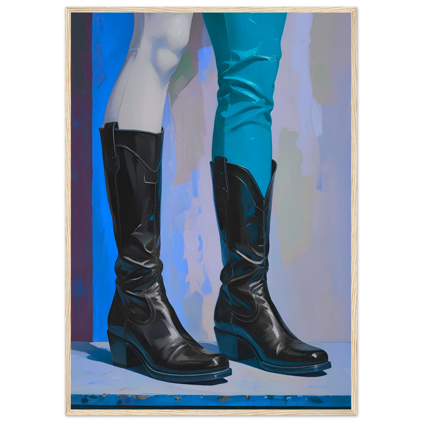 Urban cowboy boots abstract art print by anya trut striking blue black contrast customizable framed poster art print in a Black frame size A1 (59.4 x 84.1  cm) affordable wall art by Art Aunty NZ