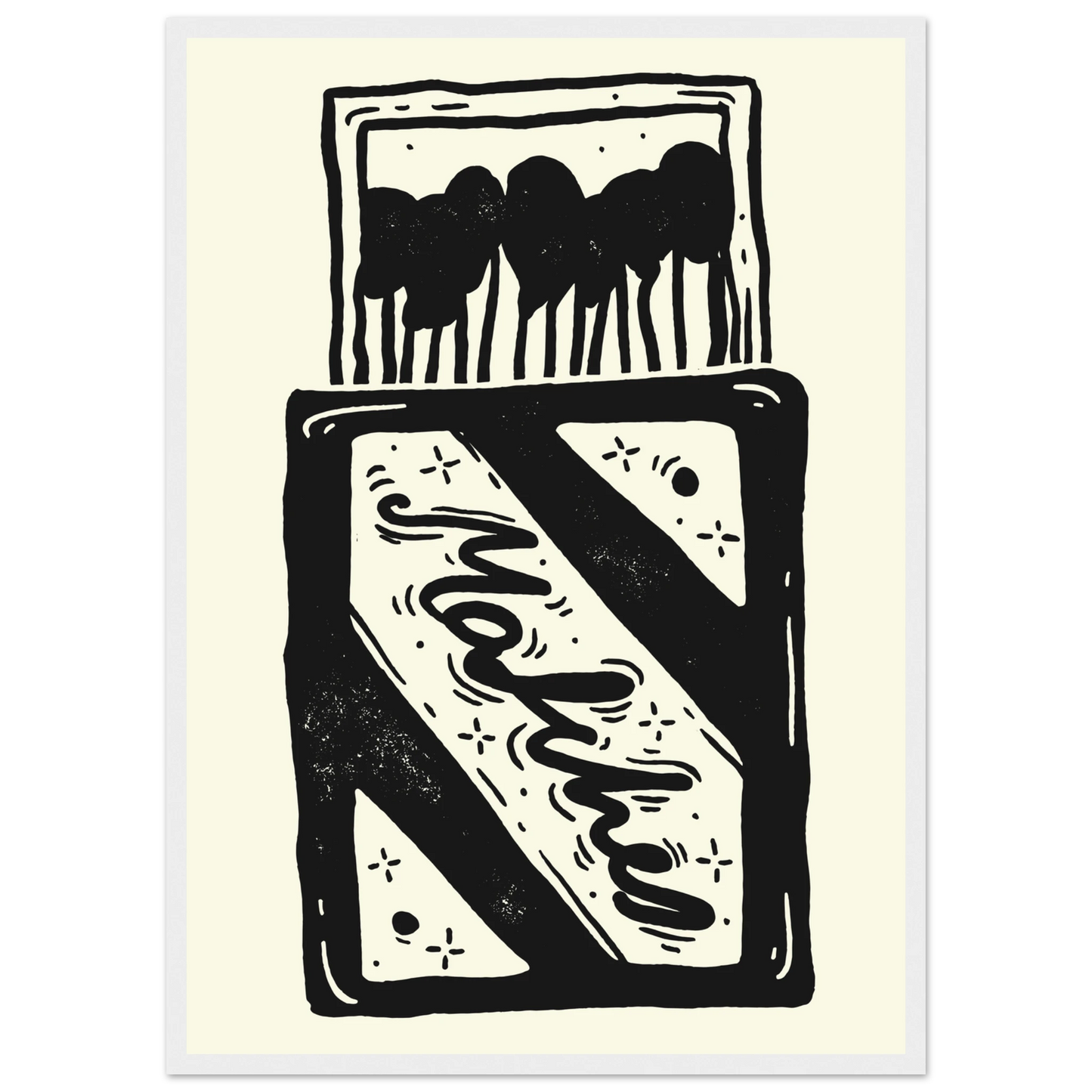 Charming match linocut art print by anya trut black white abstract home decor art print in a Wood frame size A2 (42 x 59.4  cm) affordable wall art by Art Aunty NZ