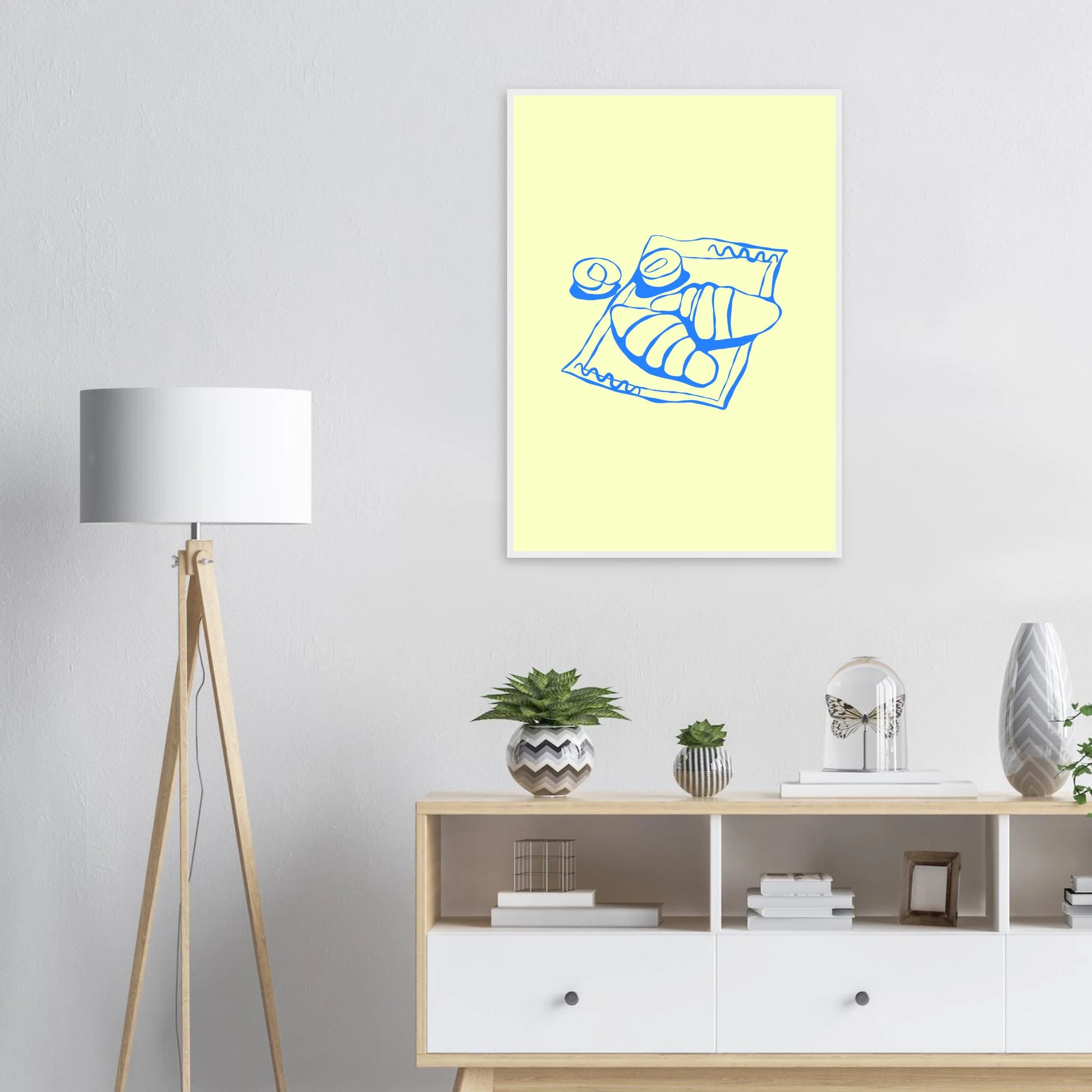 Minimalist blue croissant art print charming breakfast illustration in your choice of frame size art print in a  size  affordable wall art by Art Aunty NZ