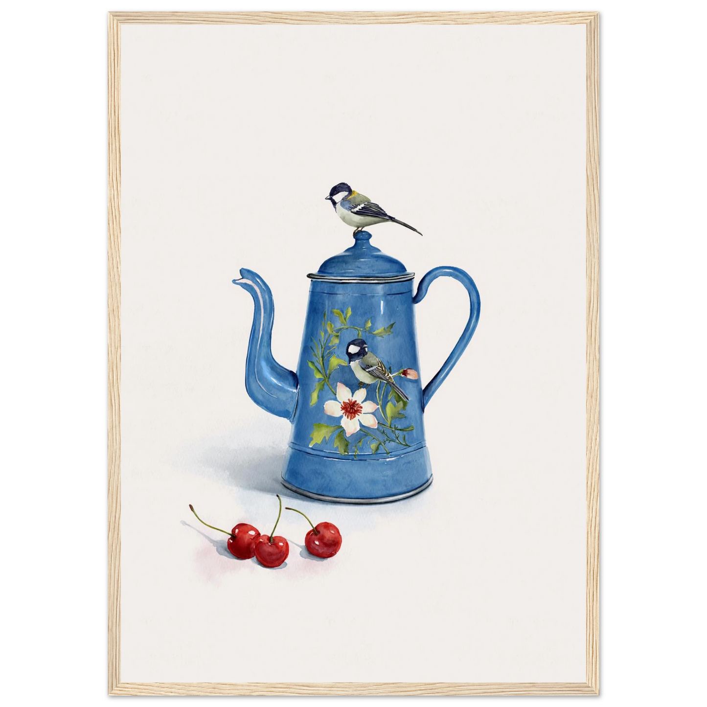 Charming blue bird enamel kettle art print by ioana horvat choose your size frame art print in a Black frame size A1 (59.4 x 84.1  cm) affordable wall art by Art Aunty NZ
