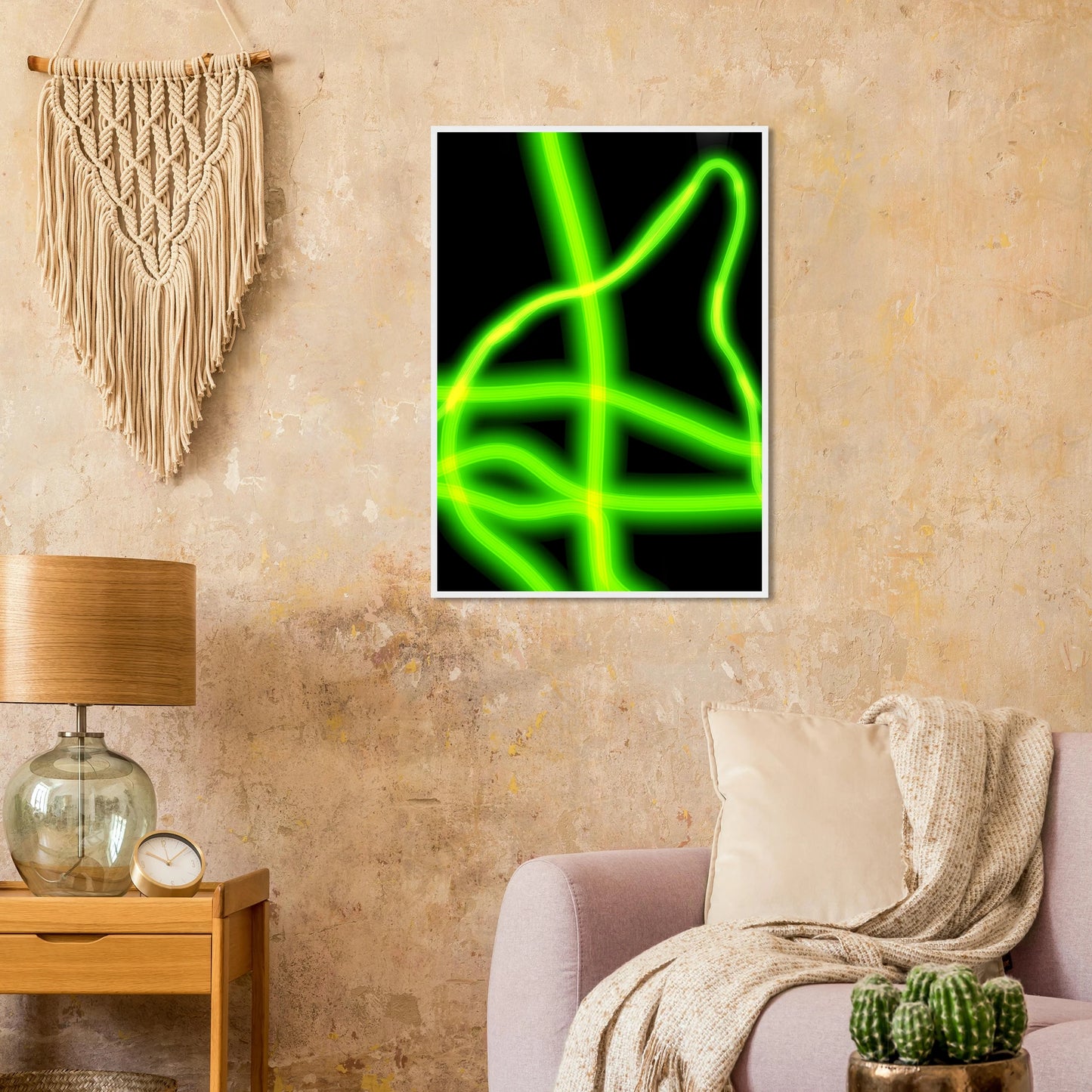 Neon gridflow abstract wall art vibrant green yellow luminescence in your choice of frame size art print in a  size  affordable wall art by Art Aunty NZ