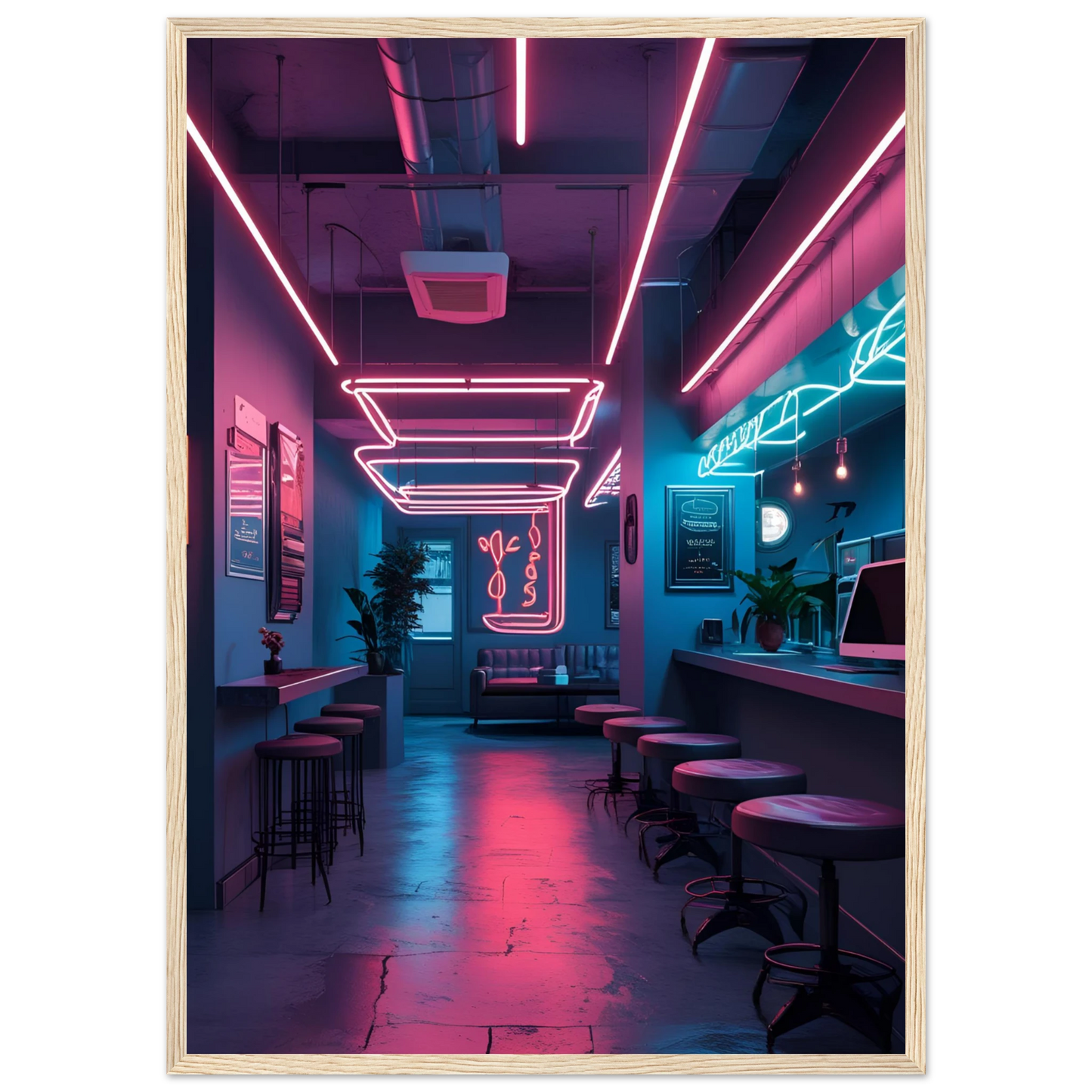 Neon dreams retro cafe art print by anya trut choose your size frame for a cyberpunk vibe art print in a White frame size A1 (59.4 x 84.1  cm) affordable wall art by Art Aunty NZ