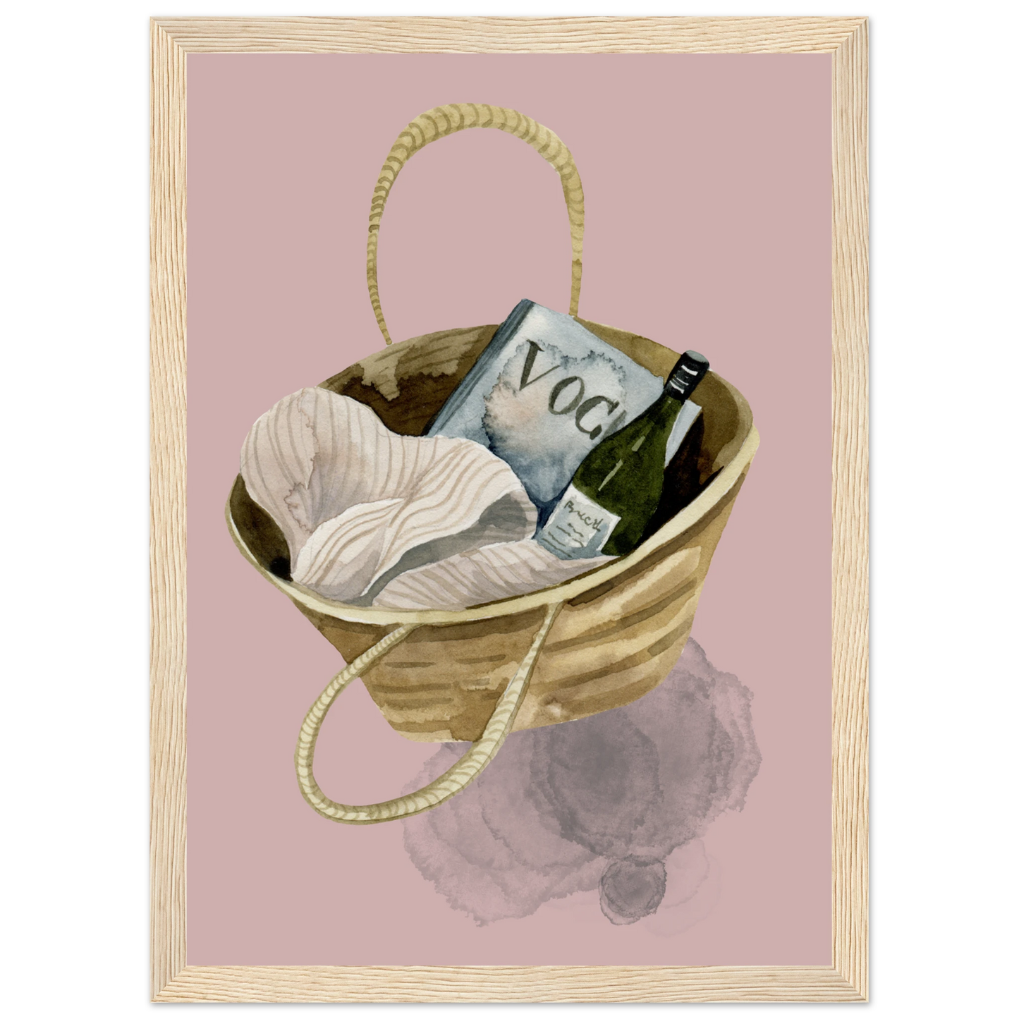 Chic beach bag with vogue wine watercolor art print boho summer aesthetic wall decor by anya trut art print in a Black frame size 21x29.7 cm / 8x12" affordable wall art by Art Aunty NZ