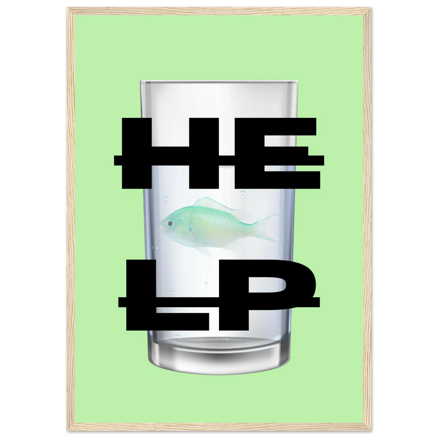 Eco vibe help fish in glass print by anya trut modern art in your choice of size frame art print in a White frame size A1 (59.4 x 84.1  cm) affordable wall art by Art Aunty NZ