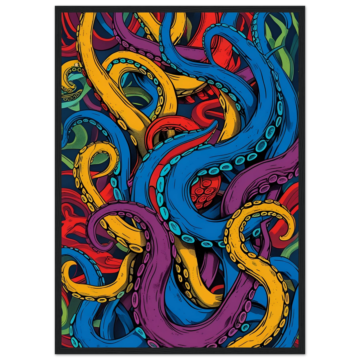 Vibrant tentacles abstract art print dynamic ocean inspired wall decor in your choice of size frame art print in a Wood frame size 21x29.7 cm / 8x12" affordable wall art by Art Aunty NZ