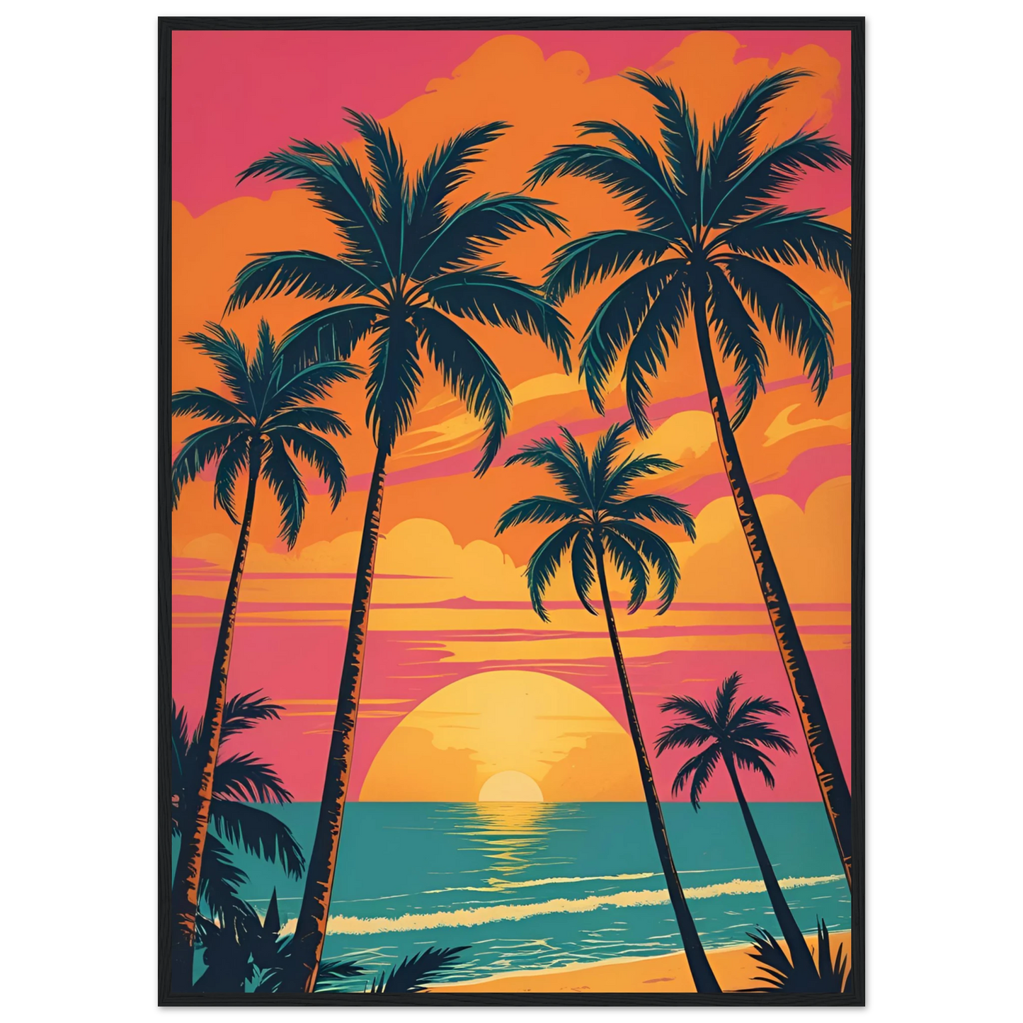 Vibrant sunset beach palm trees art print by anya trut tropical dreamscape wall decor art print in a Black frame size A2 (42 x 59.4  cm) affordable wall art by Art Aunty NZ