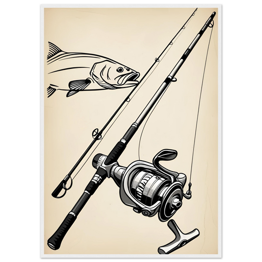 Classic fishing rod reel with bass design art print for anglers outdoors enthusiasts art print in a White frame size 21x29.7 cm / 8x12" affordable wall art by Art Aunty NZ
