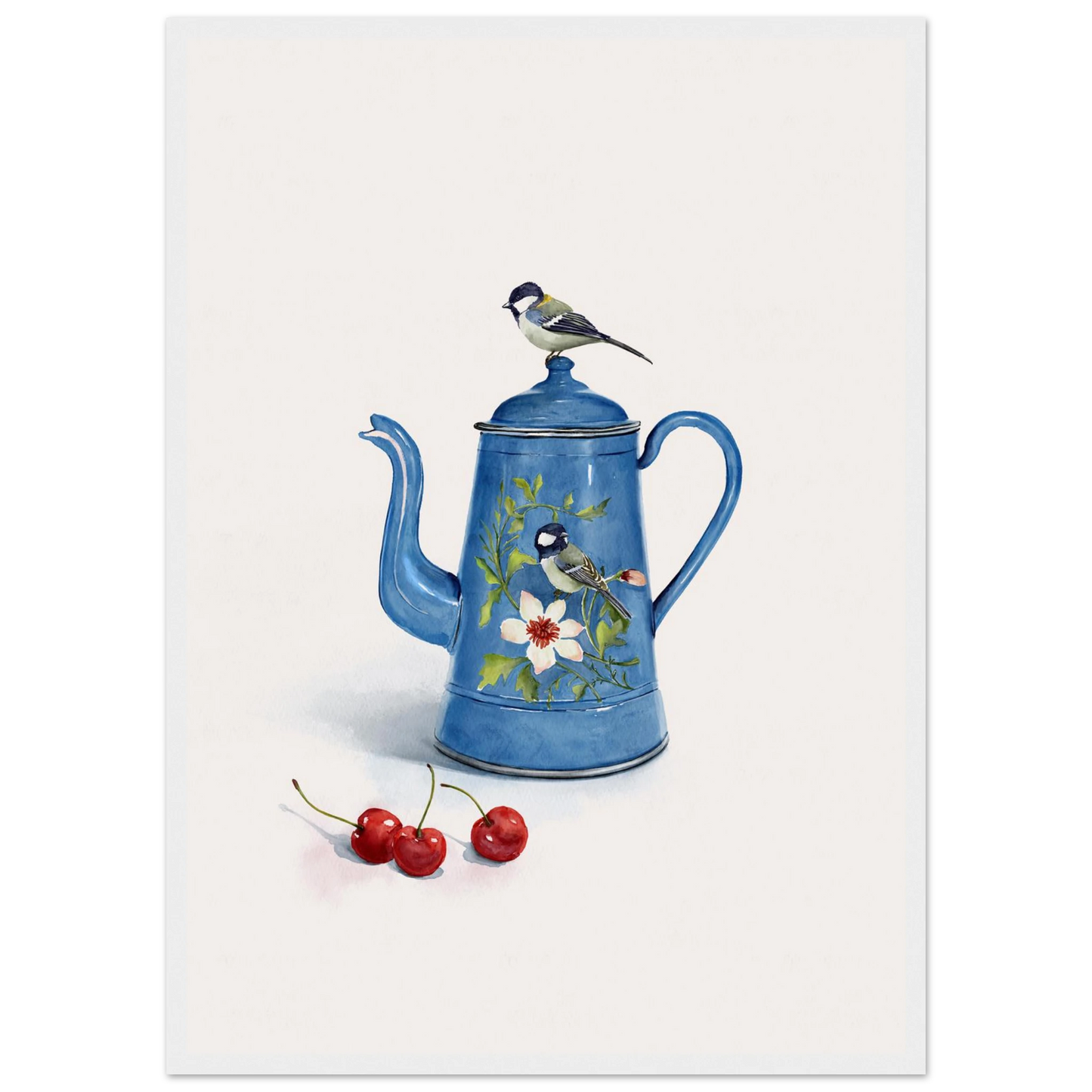 Charming blue bird enamel kettle art print by ioana horvat choose your size frame art print in a Black frame size 21x29.7 cm / 8x12" affordable wall art by Art Aunty NZ