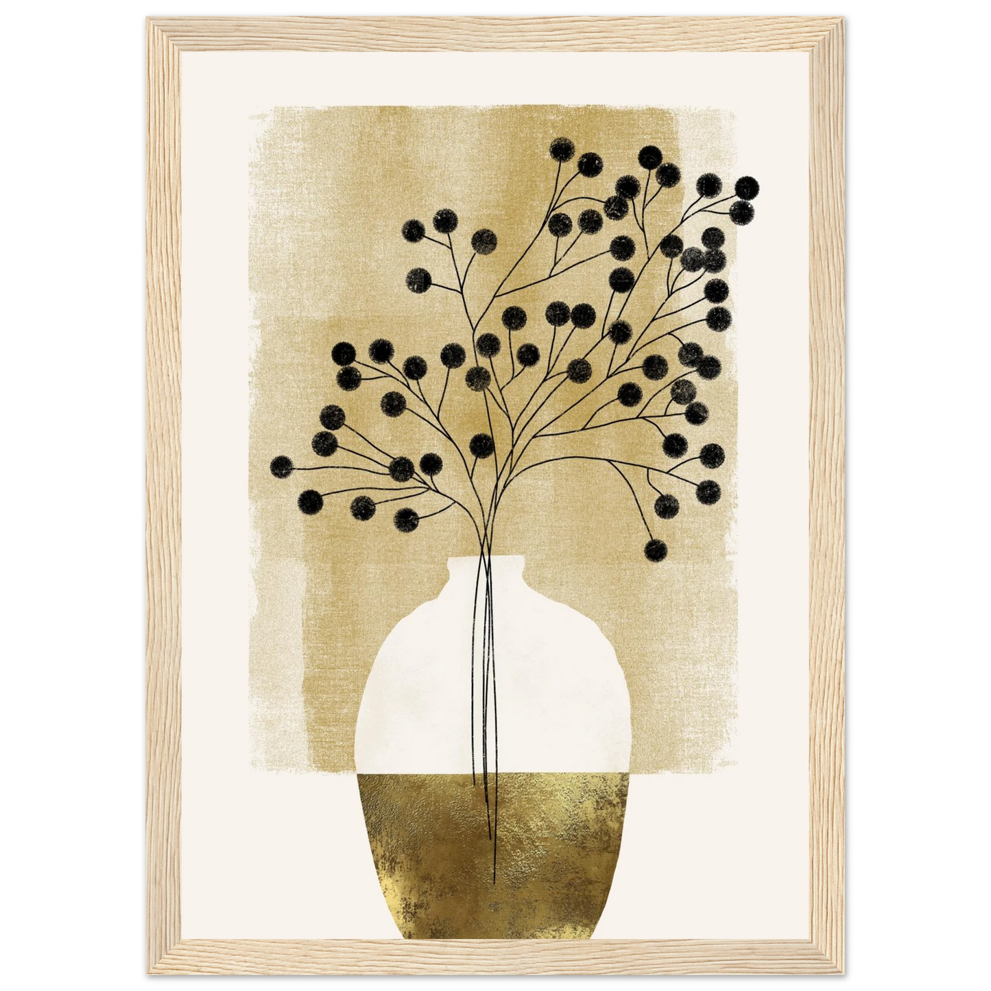 Golden botanical bloom modern minimalist wall art by ioana horvat choose your size frame art print in a Black frame size A2 (42 x 59.4  cm) affordable wall art by Art Aunty NZ