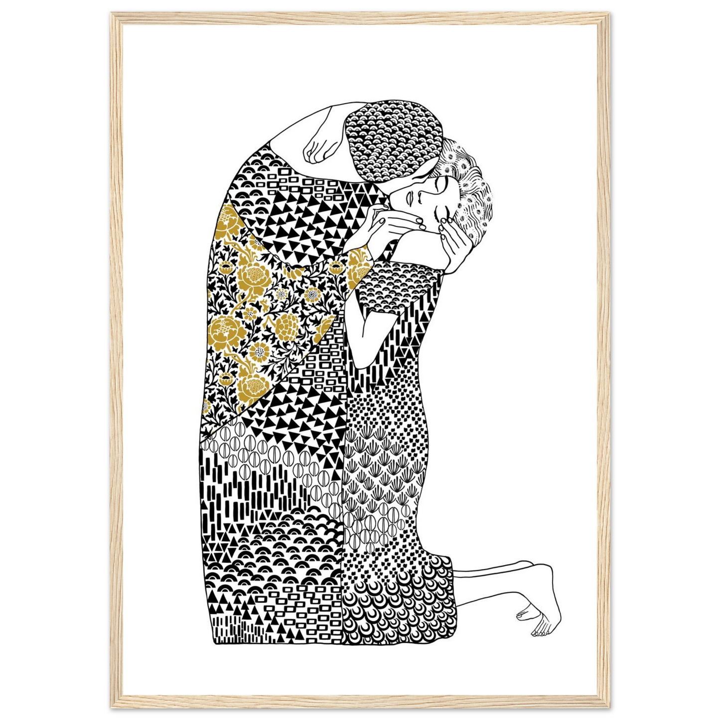 Abstract embrace golden floral geometric art print hand drawn expression on premium poster art print in a Black frame size A1 (59.4 x 84.1  cm) affordable wall art by Art Aunty NZ
