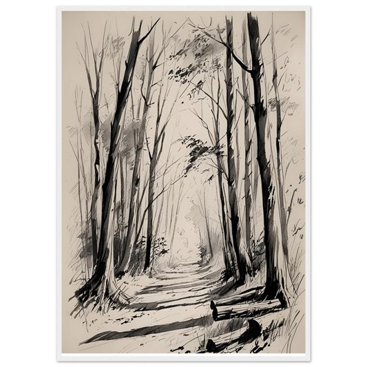 Enchanted forest path sketch art print by anya trut black white nature artwork in your choice of frame art print in a White frame size 21x29.7 cm / 8x12" affordable wall art by Art Aunty NZ