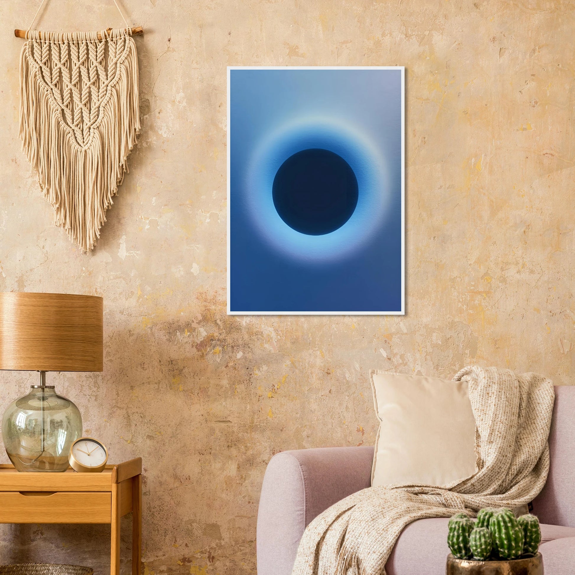 Cosmic aura eclipse art print mesmerizing blue black abstract circle for modern decor available in multiple sizes and frames art print in a  size  affordable wall art by Art Aunty NZ