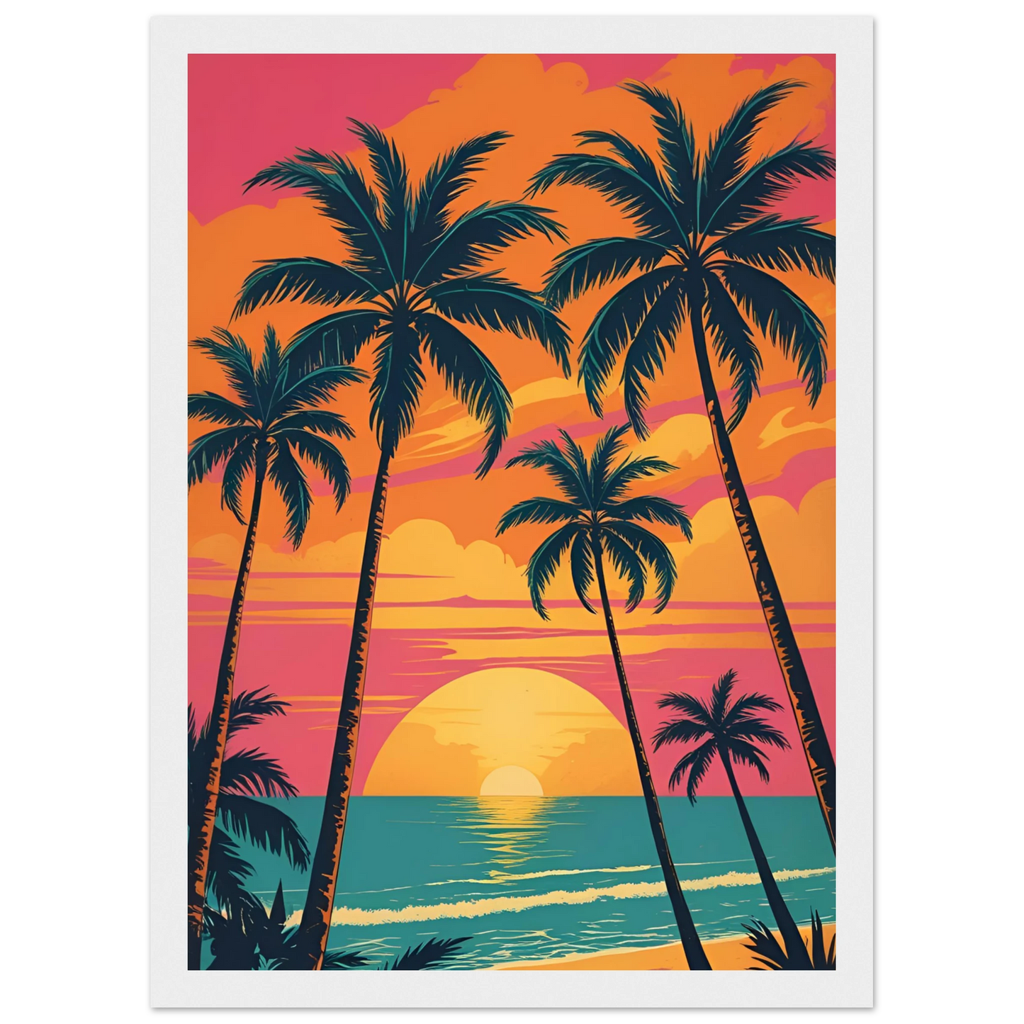 Vibrant sunset beach palm trees art print by anya trut tropical dreamscape wall decor art print in a Wood frame size A1 (59.4 x 84.1  cm) affordable wall art by Art Aunty NZ