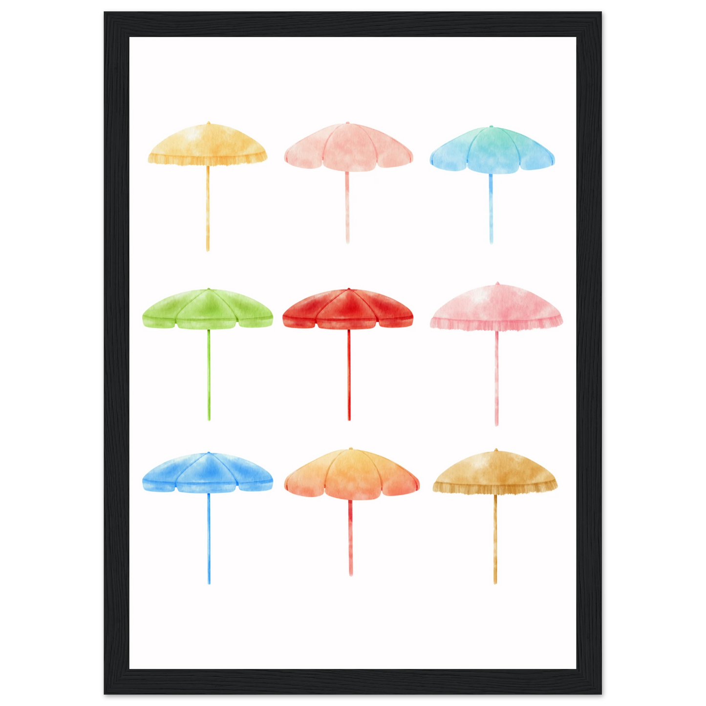 Summer shades playful watercolor beach umbrellas art print by anya trut choose your size frame art print in a White frame size A2 (42 x 59.4  cm) affordable wall art by Art Aunty NZ