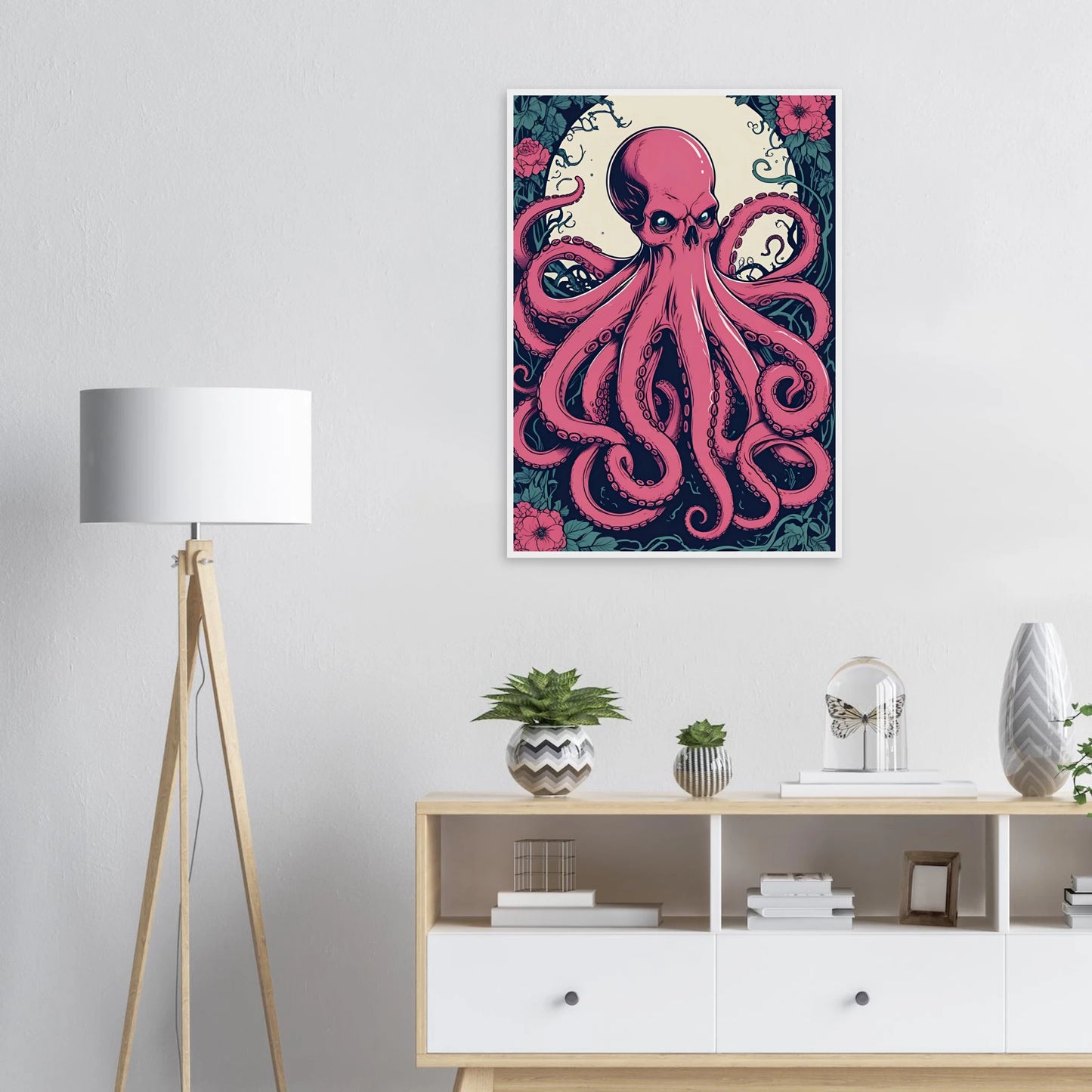 Skulltopus vibrant pink octopus skull botanical art print choose your size frame art print in a  size  affordable wall art by Art Aunty NZ