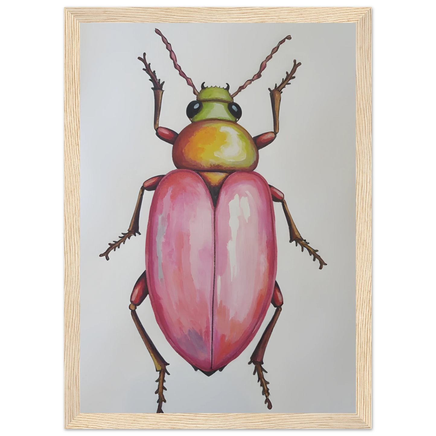 4pm whimsical pink green beetle art print for modern spaces available in three sizes and frame finishes art print in a Black frame size A1 (59.4 x 84.1  cm) affordable wall art by Art Aunty NZ