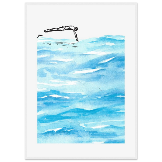 Deep diving art print in a White frame size 21x29.7 cm / 8x12" affordable wall art by Art Aunty NZ