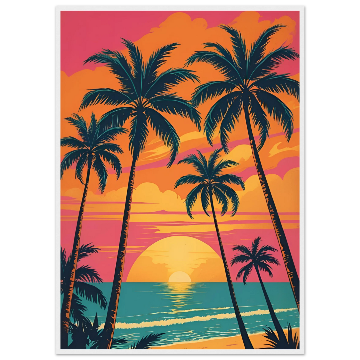 Vibrant sunset beach palm trees art print by anya trut tropical dreamscape wall decor art print in a White frame size 21x29.7 cm / 8x12" affordable wall art by Art Aunty NZ