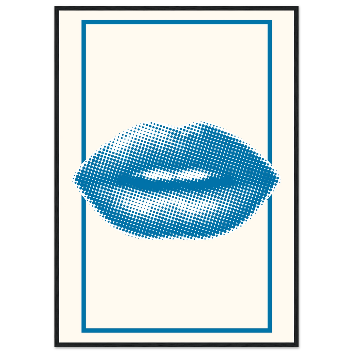 Blue kiss pop art lips print halftone digital art by anya trut in your choice of frame size art print in a Black frame size A2 (42 x 59.4  cm) affordable wall art by Art Aunty NZ