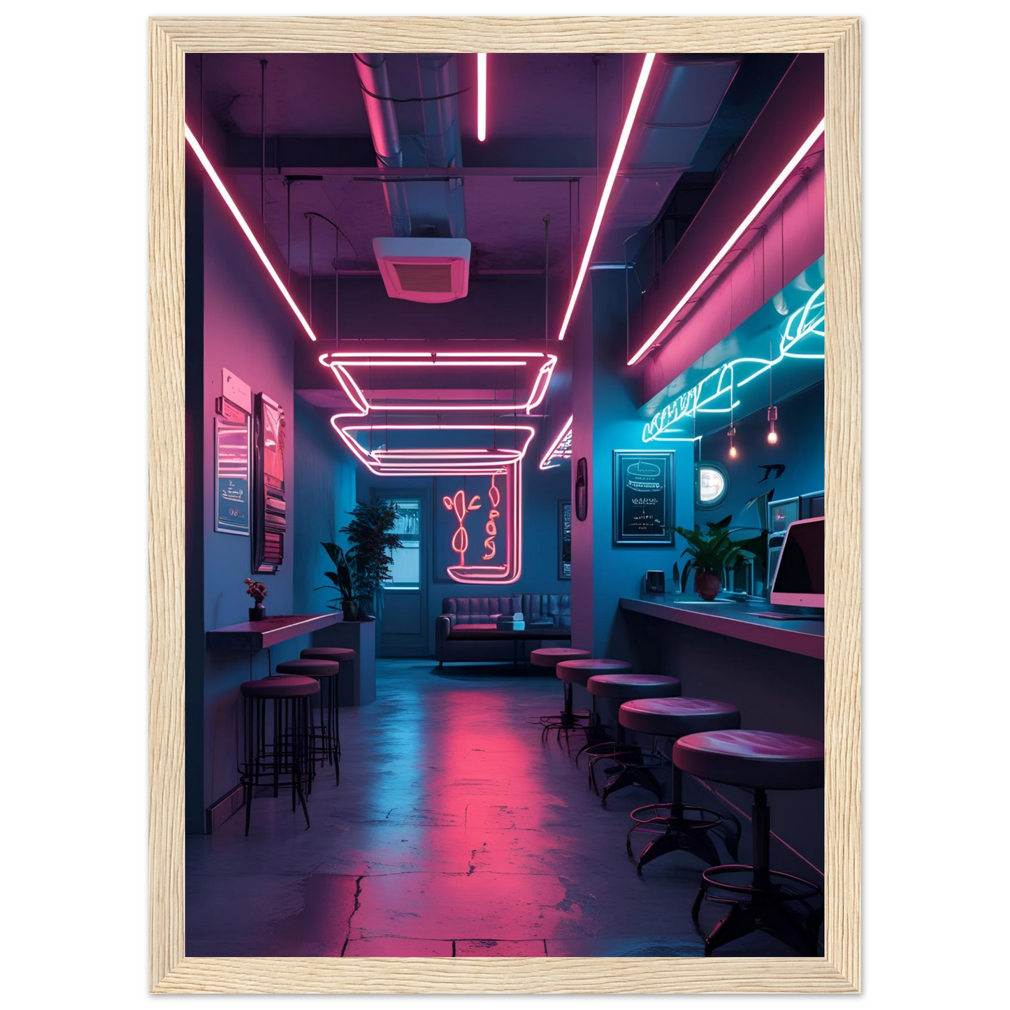 Neon dreams retro cafe art print by anya trut choose your size frame for a cyberpunk vibe art print in a Black frame size 21x29.7 cm / 8x12" affordable wall art by Art Aunty NZ