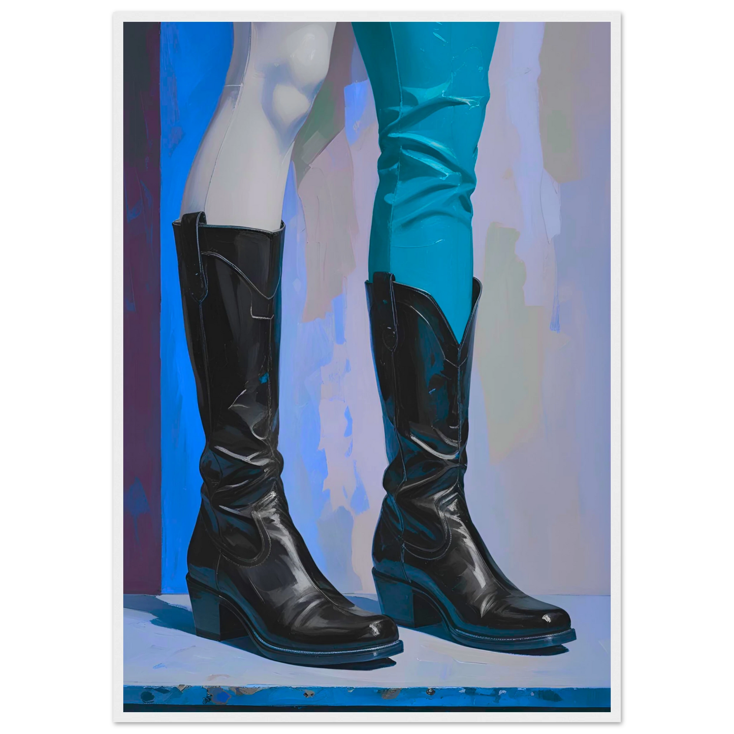 Urban cowboy boots abstract art print by anya trut striking blue black contrast customizable framed poster art print in a White frame size 21x29.7 cm / 8x12" affordable wall art by Art Aunty NZ