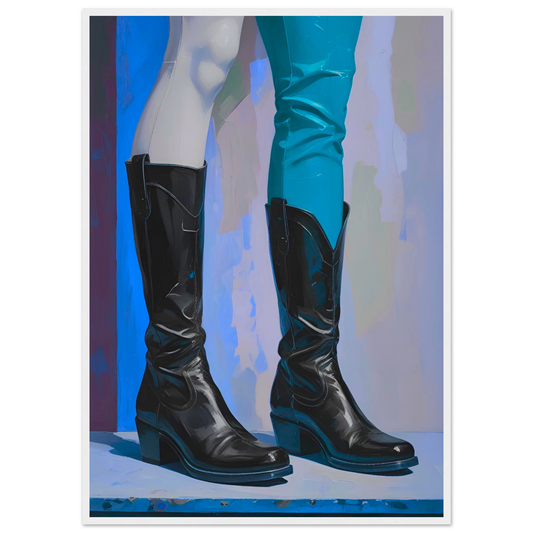 Urban cowboy boots abstract art print by anya trut striking blue black contrast customizable framed poster art print in a White frame size 21x29.7 cm / 8x12" affordable wall art by Art Aunty NZ