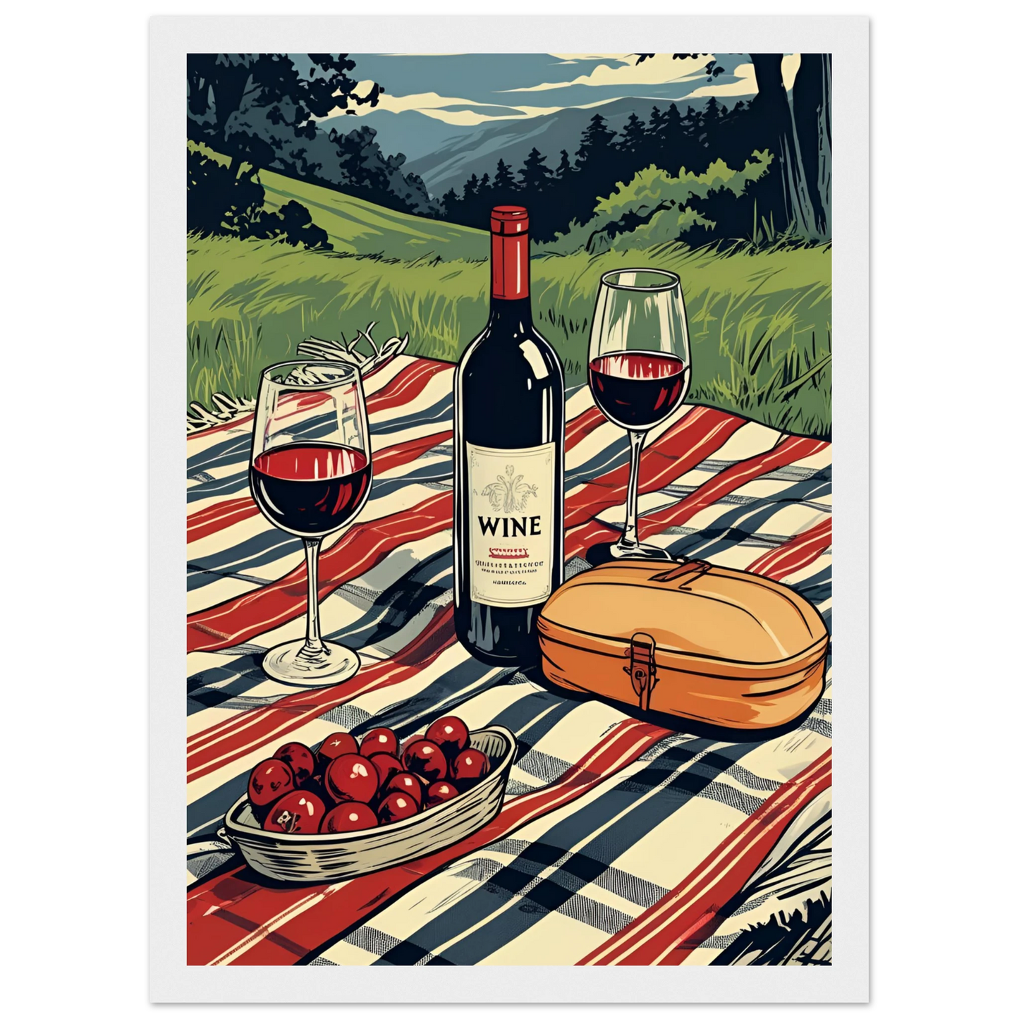 Summer picnic wine cherries serene landscape art print choose your size frame art print in a Wood frame size A1 (59.4 x 84.1  cm) affordable wall art by Art Aunty NZ