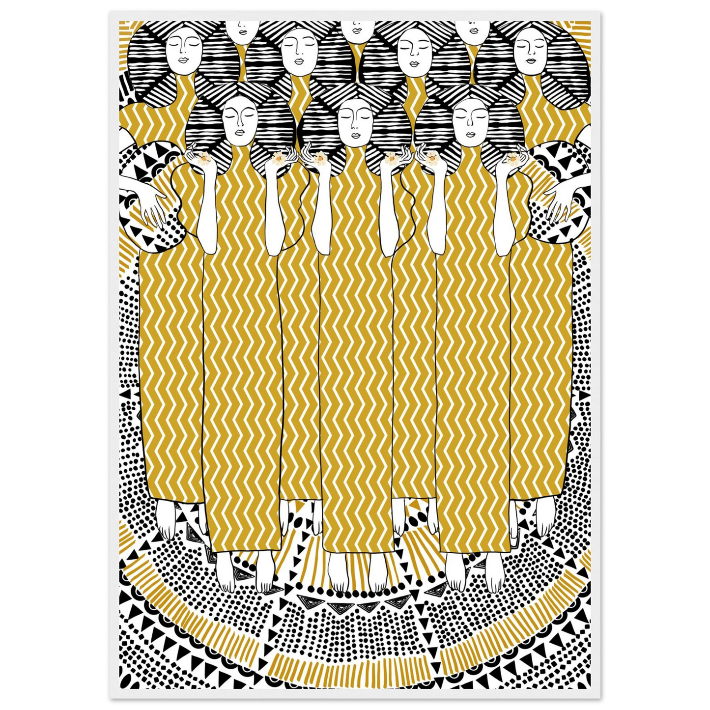 Golden women art print bohemian serenity with geometric patterns your choice of size frame art print in a White frame size 21x29.7 cm / 8x12" affordable wall art by Art Aunty NZ